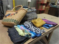 Basket, scarves & purses