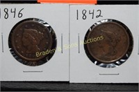 GROUP OF 2 US LARGE SIZE PENNIES, 1842 AND 1846