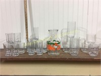 Orange juice decanter and heavy glasses