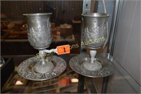 SET OF TWO PEWTER WINE GLASSES WITH SAUCERS