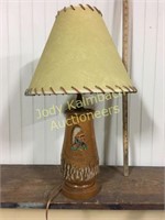 Painted Indian carved tree truck base lamp