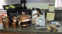 Kitchenware. Copper fondue plate + 4 dry storage