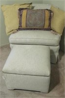 Settee and ottoman. Lite grey upholstery. 3 misc.