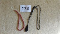 30" glass black bead necklace w/ drop -16" coral