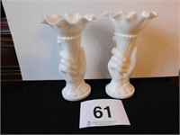 Pair 8.25" milk glass "Hand" vases
