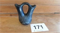 Black on black double pottery vase, no signature