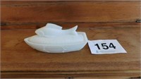 Milk glass boat with fish cover dish, fish on