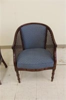 Blue uph. chair w/ caned sides