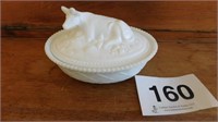 Reclining cow milk glass covered dish, rare
