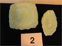 Turquoise milk glass Actress dresser box and pin