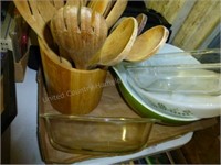 Box of wood kitchen items and glass cookware