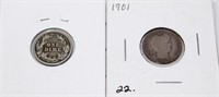 Two Barber Dimes 1-1901, 1-1902