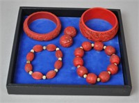 (6) CONTEMPORARY RED CARVED CHINESE JEWELRIES