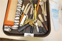 Tray Lot- Cake Saw, Tongs, Placemats Etc.
