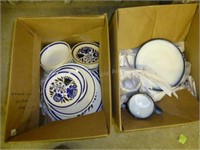 2 boxes blue and white dish sets