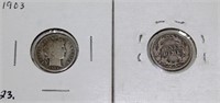 Two Barber Dimes 1-1903, 1-1907