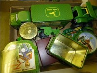 Box of John Deere collectibles
