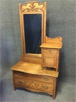 Side by Side Oak Dresser with Mirror & Hat Box