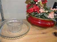 Glass Platter & Bowl, Red Ceramic Planter w/ Brass