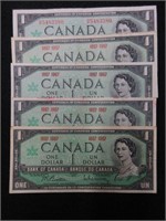 Lot of 5 Centennial Canada One Dollar Notes