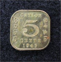1945 CEYLON Indian 5 Cent Nickel Brass Piece