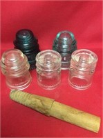 Vintage Glass Insulators With Wooden Stick