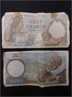 Pair of 1939 Bank of France 100 Francs Notes
