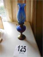 13"TALL BLUE GLASS OIL LAMP WITH BLUE SHADE