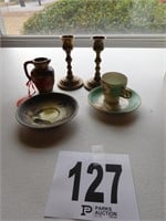 CUP & SAUCERS,SMALL PITCHER & CANDLE HOLDERS (6