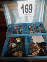 BLUE JEWELRY BOX WITH CONTENTS