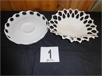 MILK GLASS CAKE PLATE & BOWL , LACE PATTERN