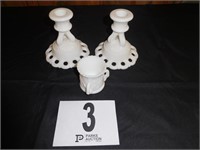 PAIR OF WESTMORELAND MILK GLASS CANDLESTICKS & A