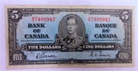 1937 Bank of Canada 5 Dollar Bank Note