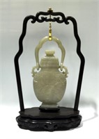 Chinese Jade Vase Hanging on Wood Stand