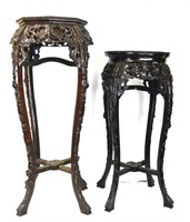 Two Tall Chinese Wood Carved Stands w Marble