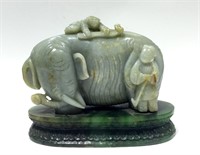 Chinese Carved Celadon Jade Elephant with Figural