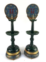 Pr Chinese Cloisonne Spinach Jade Candle Holders