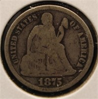 1875 SEATED DIME   F