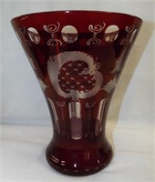 Bohemian Glass Ruby Cut To Clear Vase