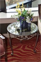 side table; round with metal base and glass top