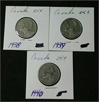 1938, 39 & 40 Canada Silver quarters