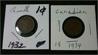 1932 & 1934 Canadian Pennies