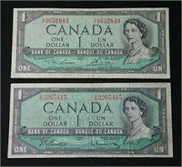 Two 1954 Canada 1 Dollar bills