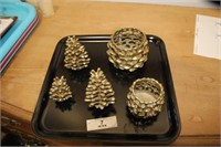 3 Brass Pine Cones & 2 Brass Candle Holders