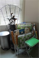 LOT: LAWN CHAIRS, GOLF CLUBS, TRASH CAN, ETC.