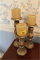 3 DECORATIVE CANDLE STICKS W/CANDLES