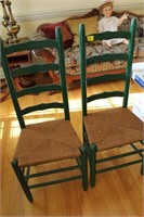 PAIR GREEN LADDER BACK CHAIRS