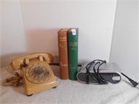 2 Mark Twain Books, Radio Clock, and Vintage Phone