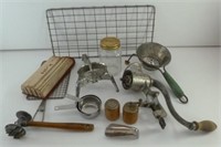 Vintage kitchen tools including 2 Meat Grinder