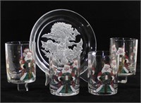 Four Santa Claus Glasses And Christmas Plate